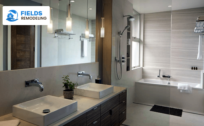 Stylish toilet dispenser and mirror in a contemporary bathroom