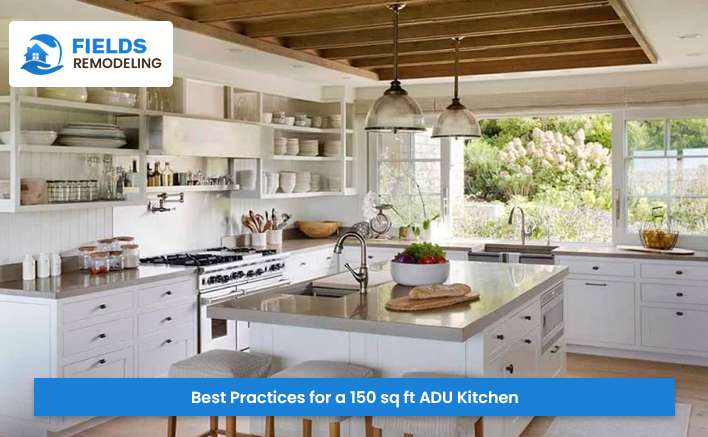 Compact and efficient 150 sq ft ADU kitchen with smart storage solutions.