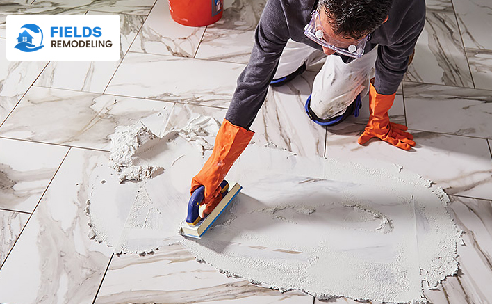 A worker installing flooring with grout